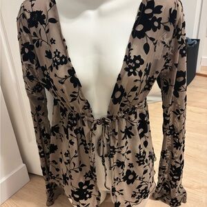 Urban Planet Black and Beige Floral Tie Up Front Blouse